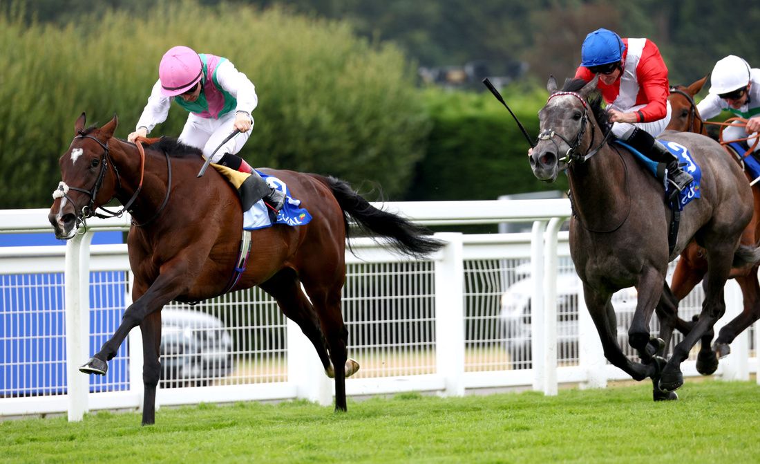 Blue Bolt and Colin Keane (pink cap) winning The Coral Distaff  Sandown 5.7.25Healy Racing