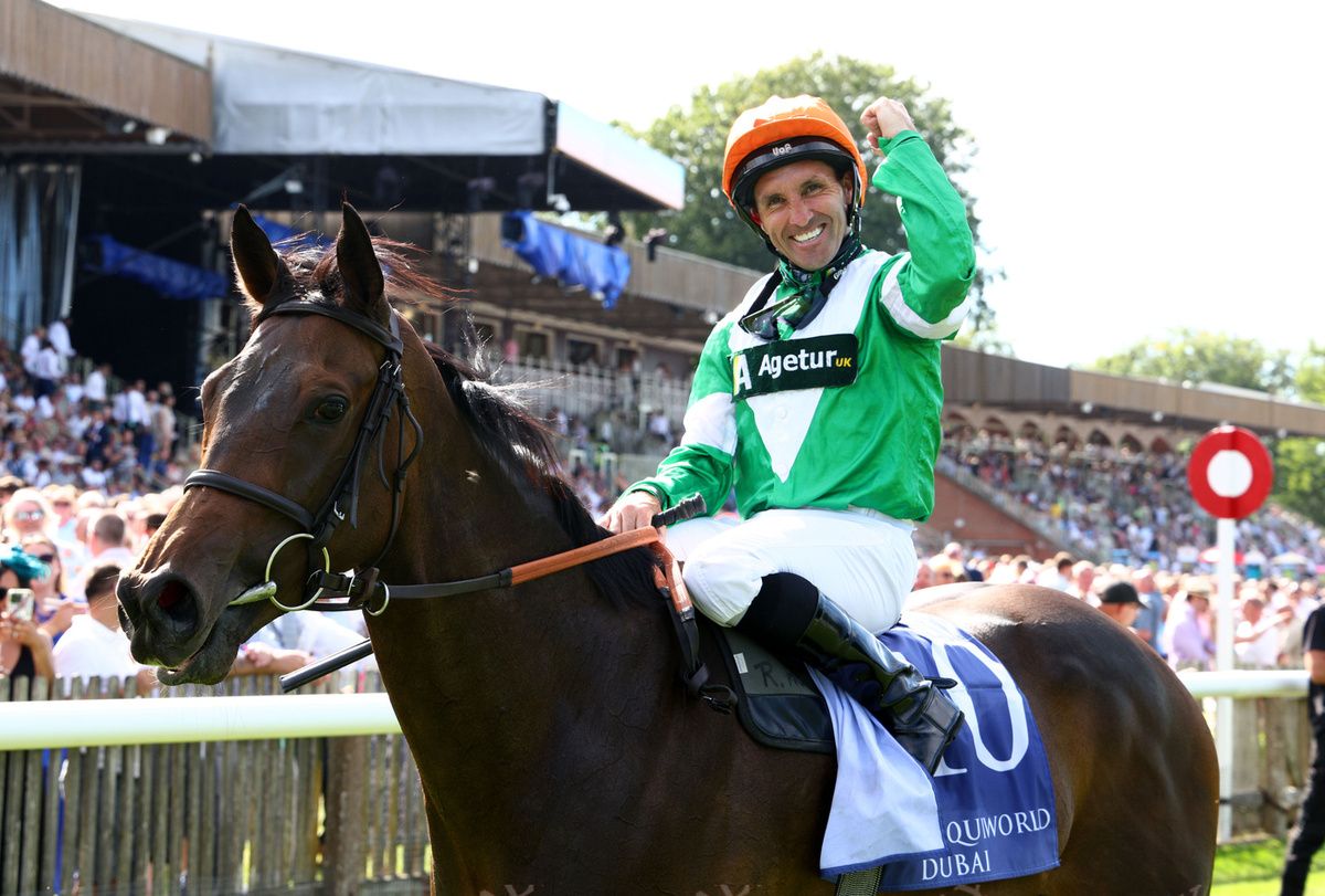 No Half Measures and Neil Callan (orange cap) winning The Al Basti Equiworld, Dubai July Cup Stakes for trainer Richard Hughes.Newmarket 12.7.25Healy Racing