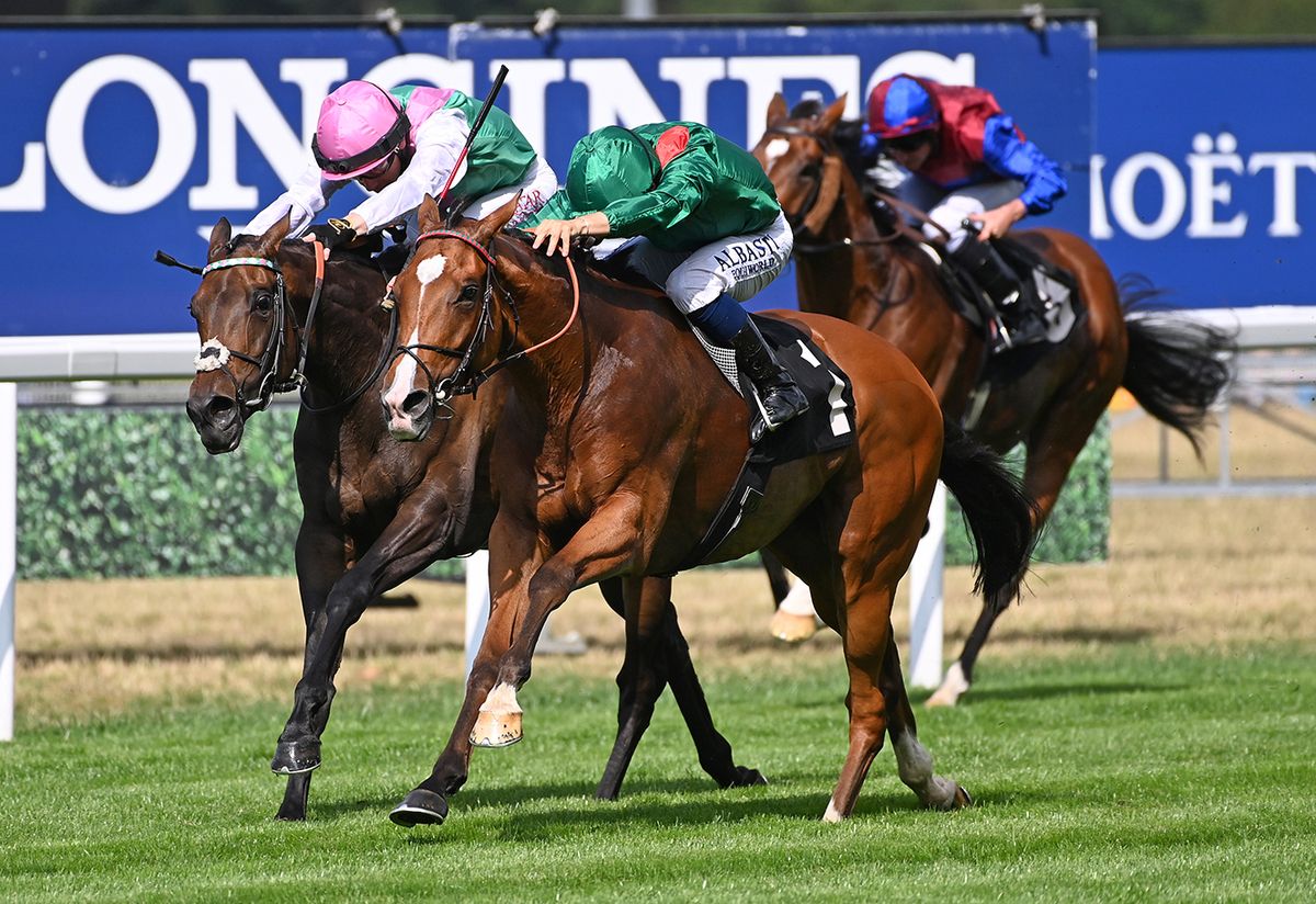 Calandagan (nearest) bids to repeat last year's King George victory over Kalpana (pink cap) 