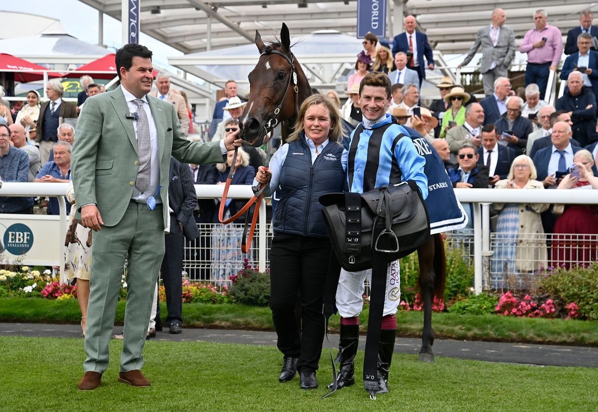 Asfoora and Oisin Murphy pictured with trainer Henry Dwyer and groom Chenelle Ellis at York