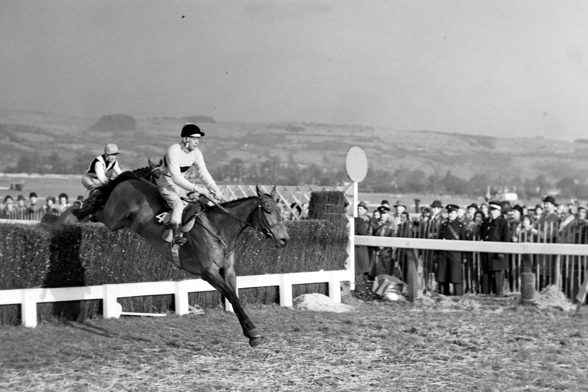 Arkle en route to winning the 1964 Cheltenham Gold Cup, with Mill House behind