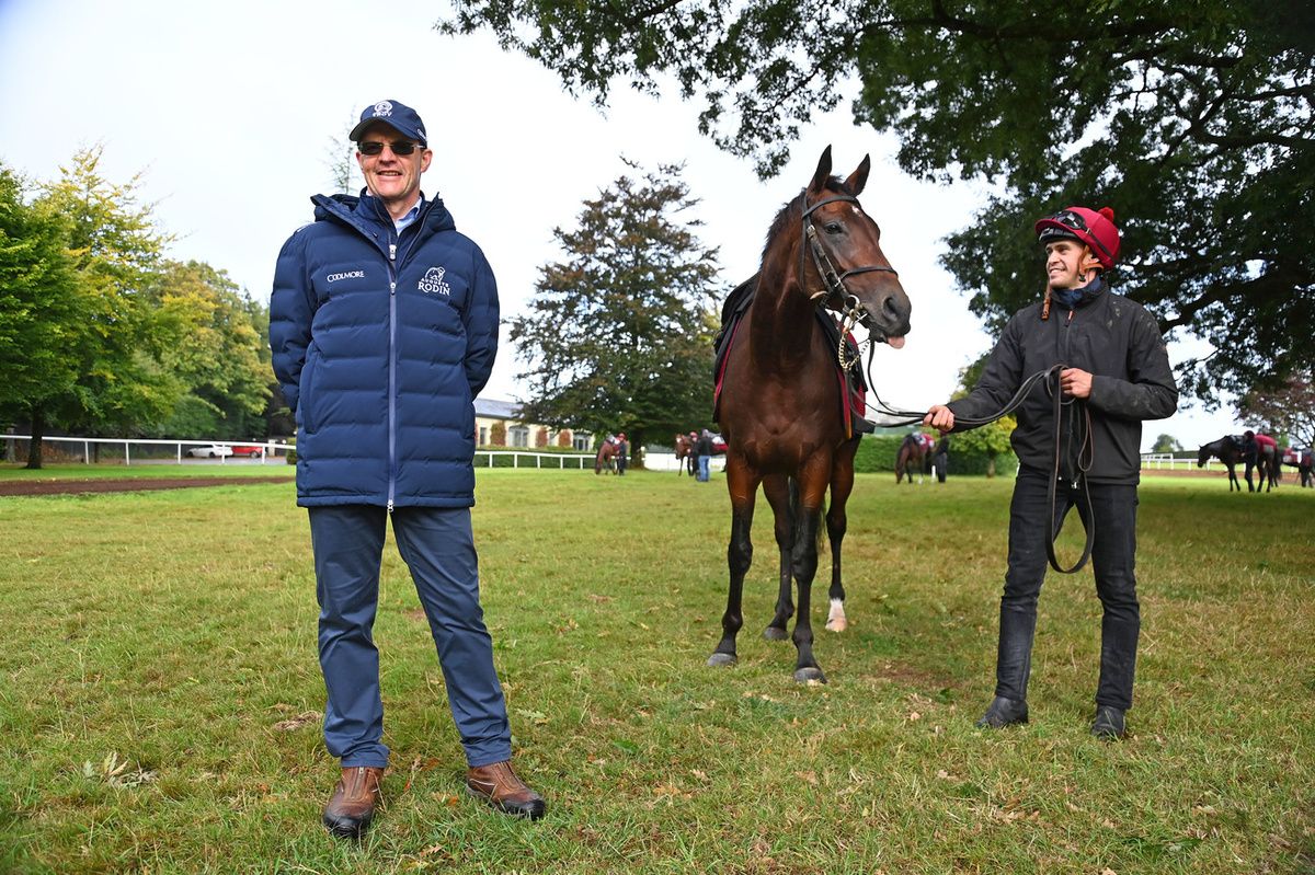 Aidan O Brien pictured at Irish Champions Weekend Media Morning with Delacroix and groom Mark Crehan 