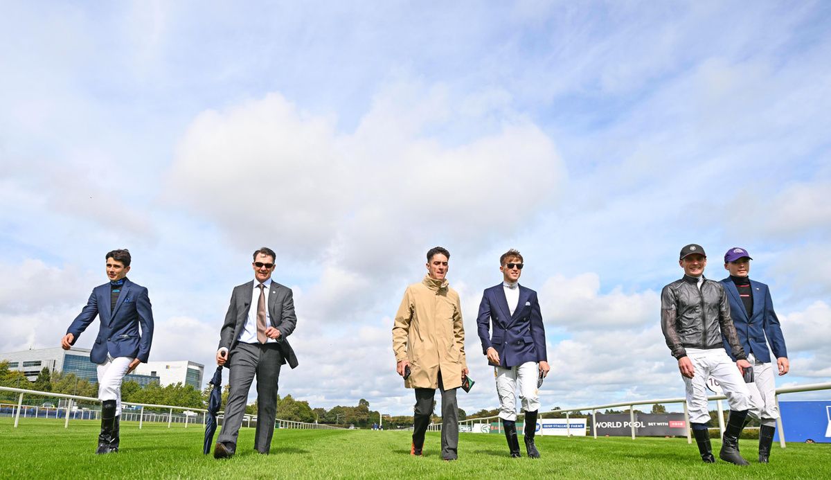 Leopardstown 13-September-2025Trainer Aidan O'Brien (2nd left) walking the track with jockeys L-R Ronan Whelan, Cristophe Soumillon, Dylan Browne McMonagle, Declan McDonogh and Jack Cleary.Healy Racing