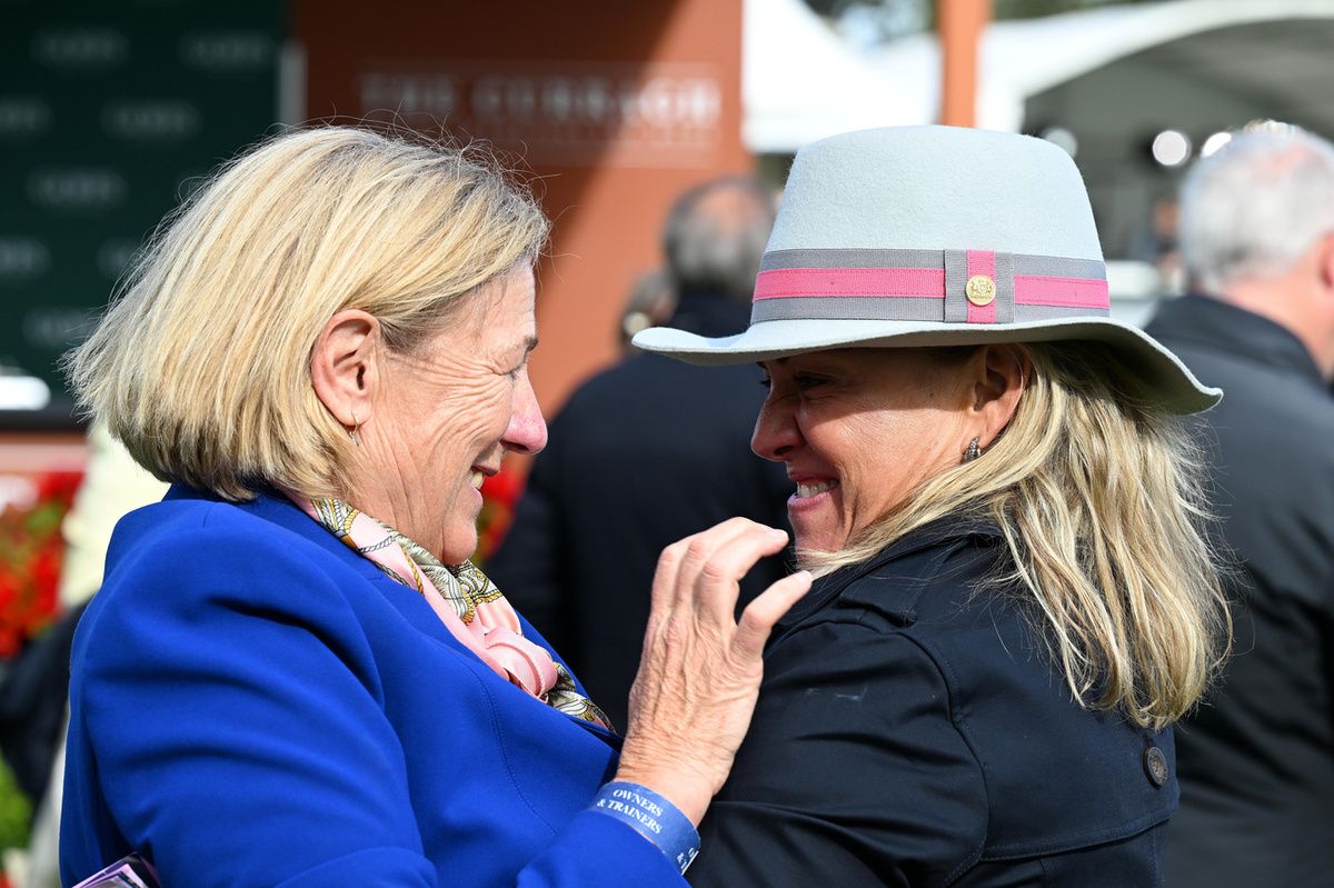Eve Johnson Houghton, left, congratulated by Amber O'Grady after Zavateri's victory at the Curragh