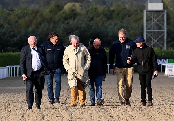 Tony Hunt, Ado McGuinness, Noel Chance, Seany Gamble, Hugh Hynes,and Lorcan Wyer assess the gusty winds at Dundalk 