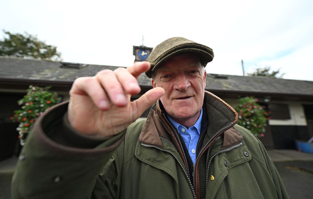 Willie Mullins Closutton Stables 8-October-2025 Good Morning .... Trainer Willie Mullins pictured greeting the media at his stables.Healy Racing