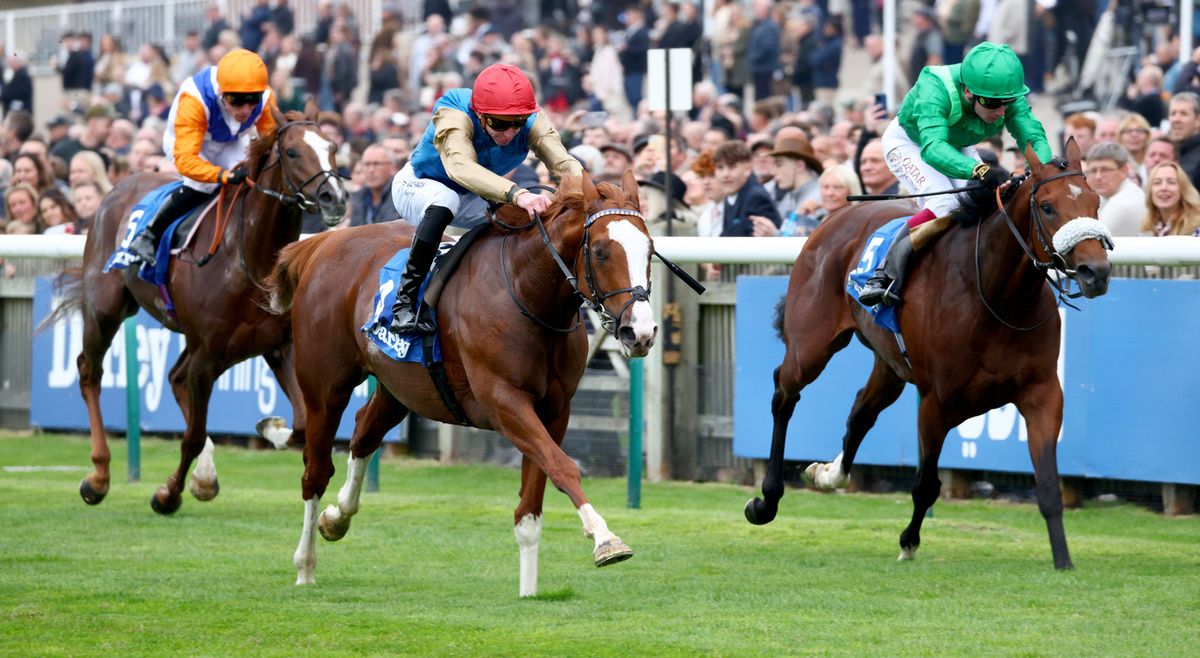 Damysus and James Doyle winning the Too Darn Hot Darley Stakes at Newmarket 
