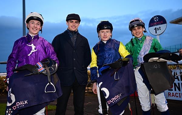 Donnacha O'Brien pictured with the jockeys of his first three home