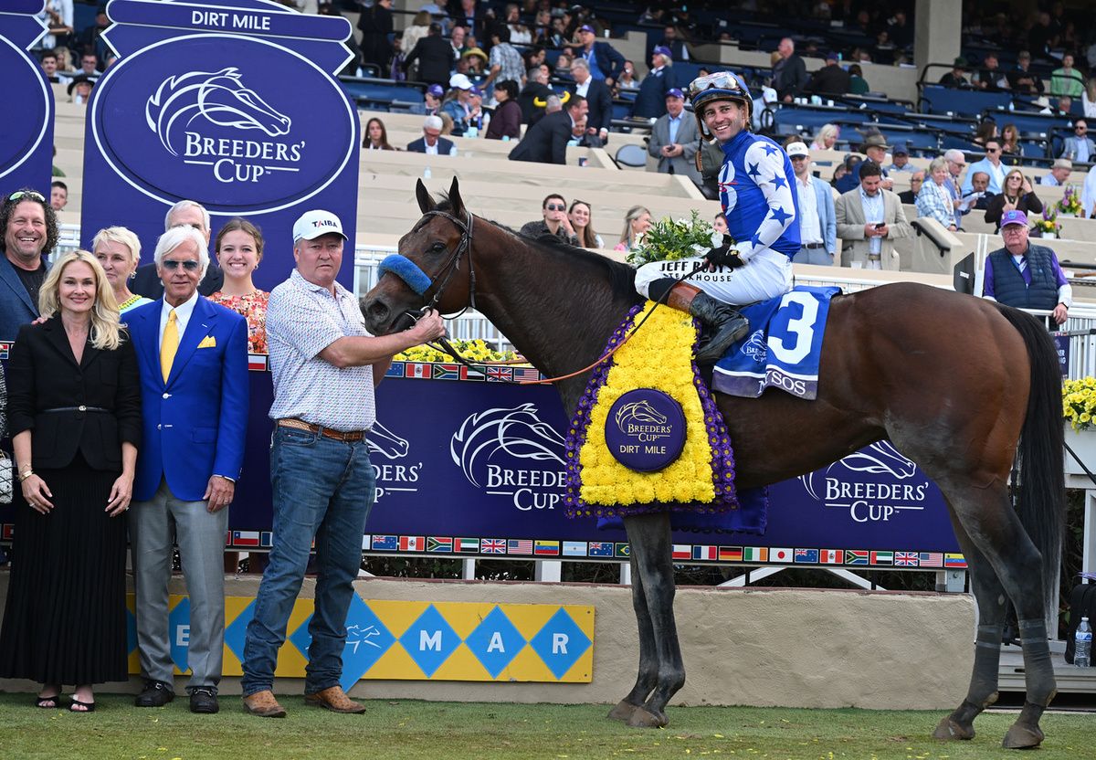 Bob Baffert (seond from left) with Breeders' Cup Dirt Mile winner Nysos 