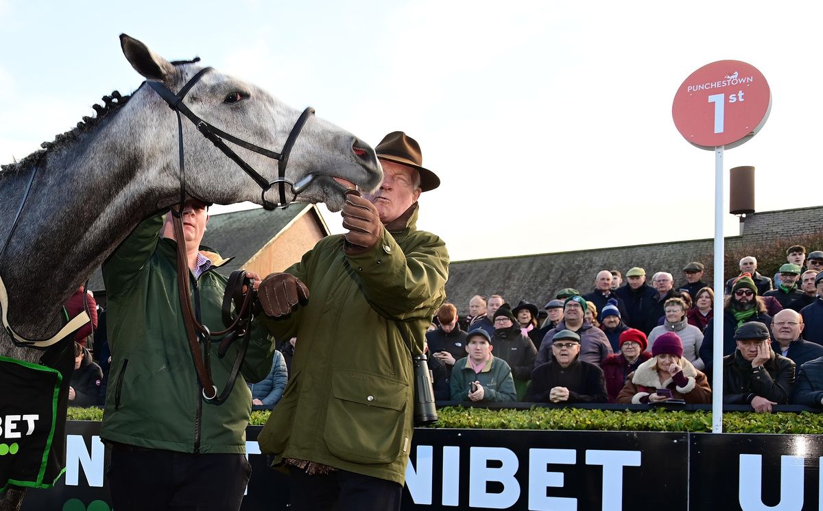 Punchestown 22-November-2025 The Unibet Morgiana Hurdle (Grade 1)Lossiemouth and trainer Willie Mullins clash heads in the winners enclosure.Healy Racing