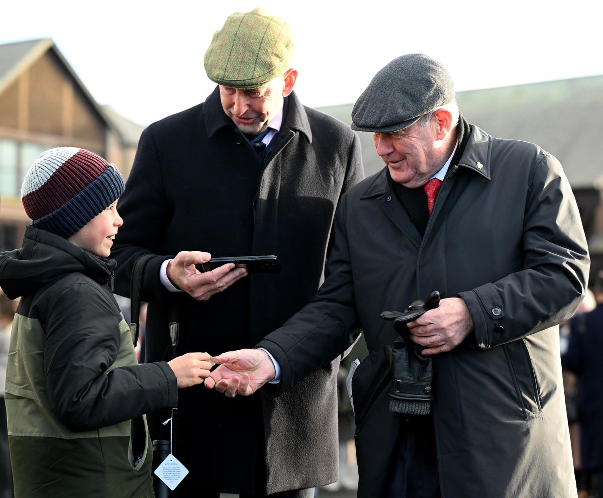 John Durkan Memorial Punchestown Chase Grade 1 Owner JP McManus with trainer Gavin Cromwell and son Jake 
