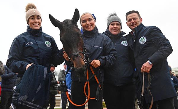Karen Morgan, Holly Peppard, Mary Nugent and Jack Madden pictured with Wodhooh after her Cheltenham success