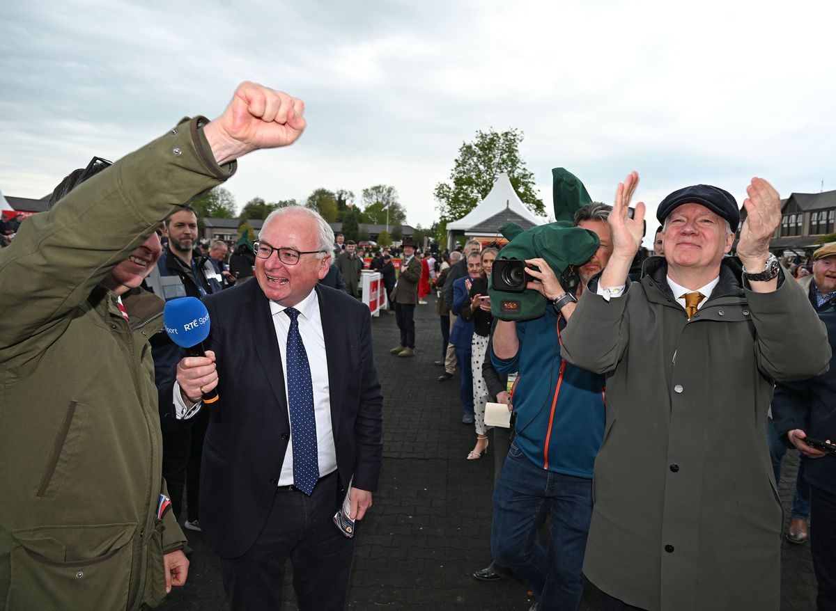 Punchestown 30-April-2026Bob Olinger won for trainer Henry de Bromhead (left) and owner Brian Acheson and is retired with Brian Gleeson for RTE interviewing.Healy Racing