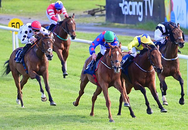 Hygge and Declan McDonogh, green cap, finish strongly