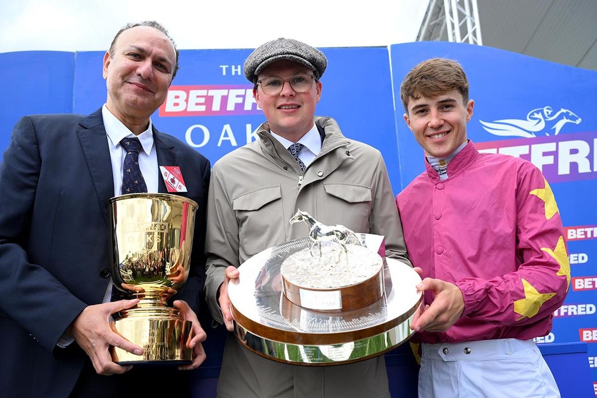 Epsom 5-June-2026 Betfred Oaks (Group 1)Thundering On and Dylan Browne McMonagle win for trainer Joseph O'Brien and owner Shappoor Mistry pictured.Healy Racing