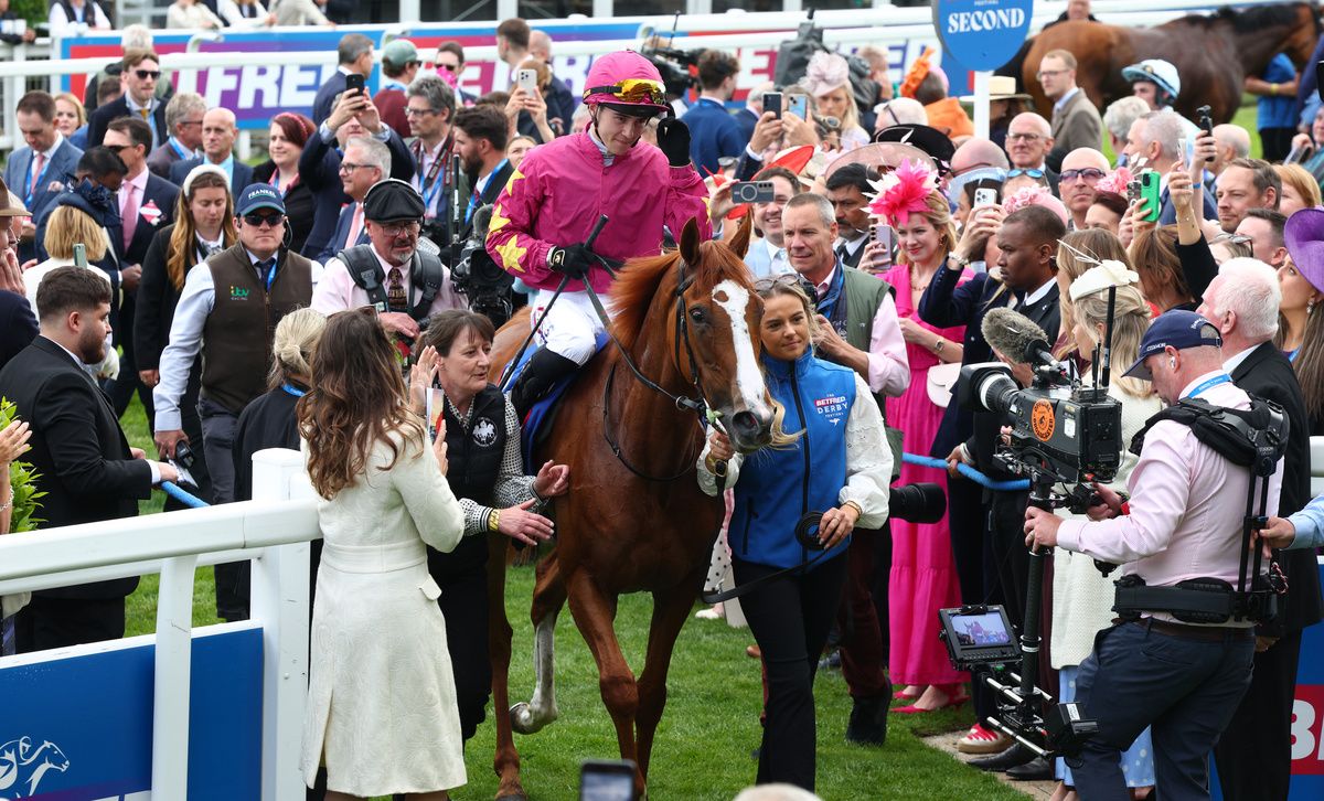 Epsom 5-June-2026 Betfred Oaks (Group 1)Thundering On and Dylan Browne McMonagle win for trainer Joseph O'Brien.Healy Racing