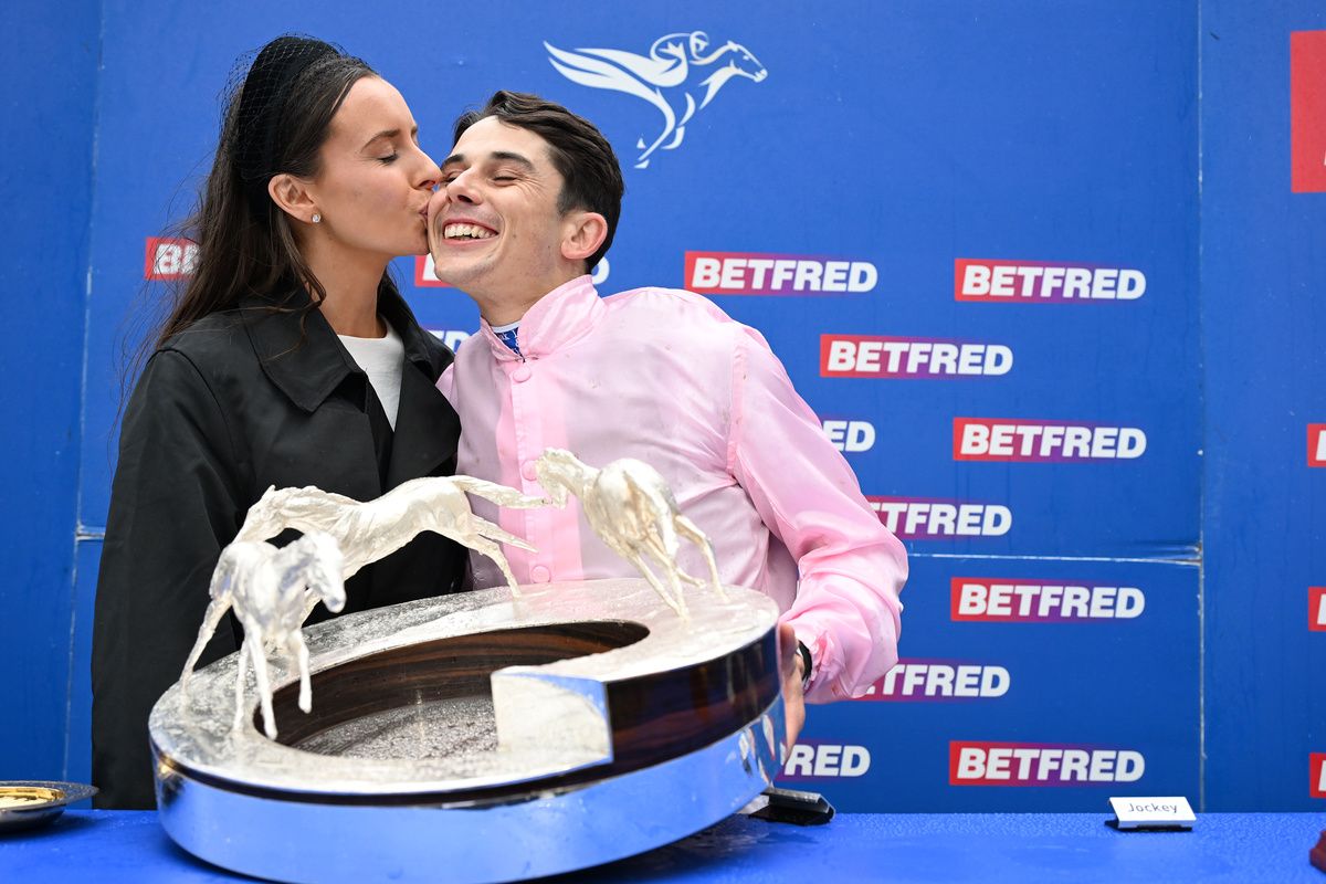 Epsom 6-June-2026 Betfred Epsom Derby (Group 1)Christmas Day and Ronan Whelan win for trainer Aidan O'Brien and owners Coolmore with Ronan pictured with girlfriend Emma.Healy Racing