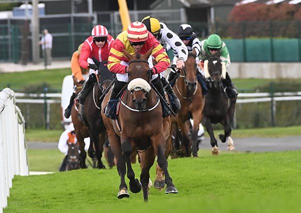Brosna Queen and Ricky Doyle on their way to winning the Irish Stallion Farms EBF Mares Maiden Hurdle 