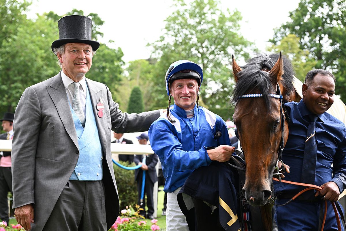 Almeraq and Tom Marquand with trainer William Haggas 