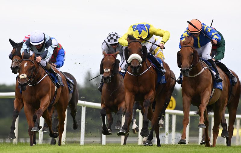 Treasure Rose and Ben Coen (yellow) win for trainer Johnny Murtagh
