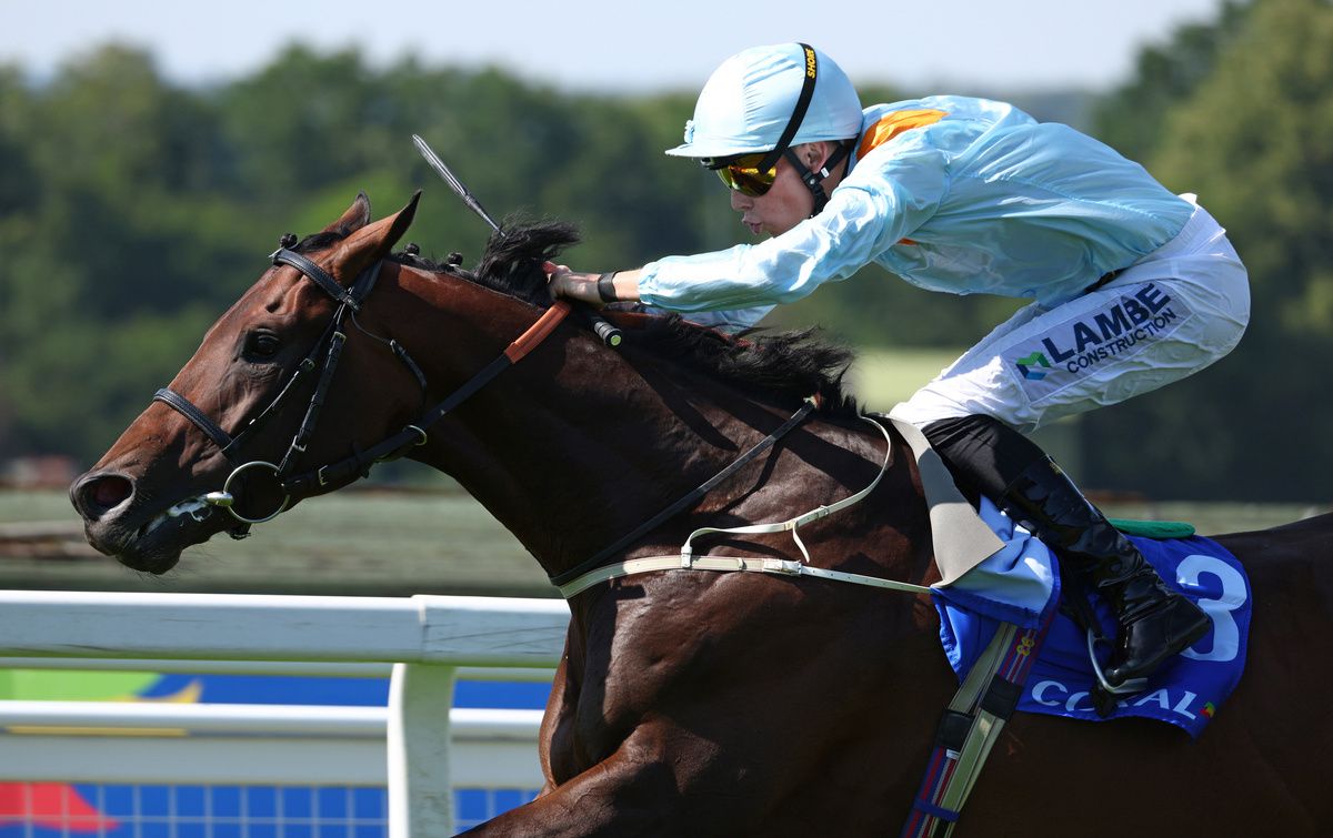 Lazy Griff and Billy Loughnane blue cap  winning The Coral Marathon   