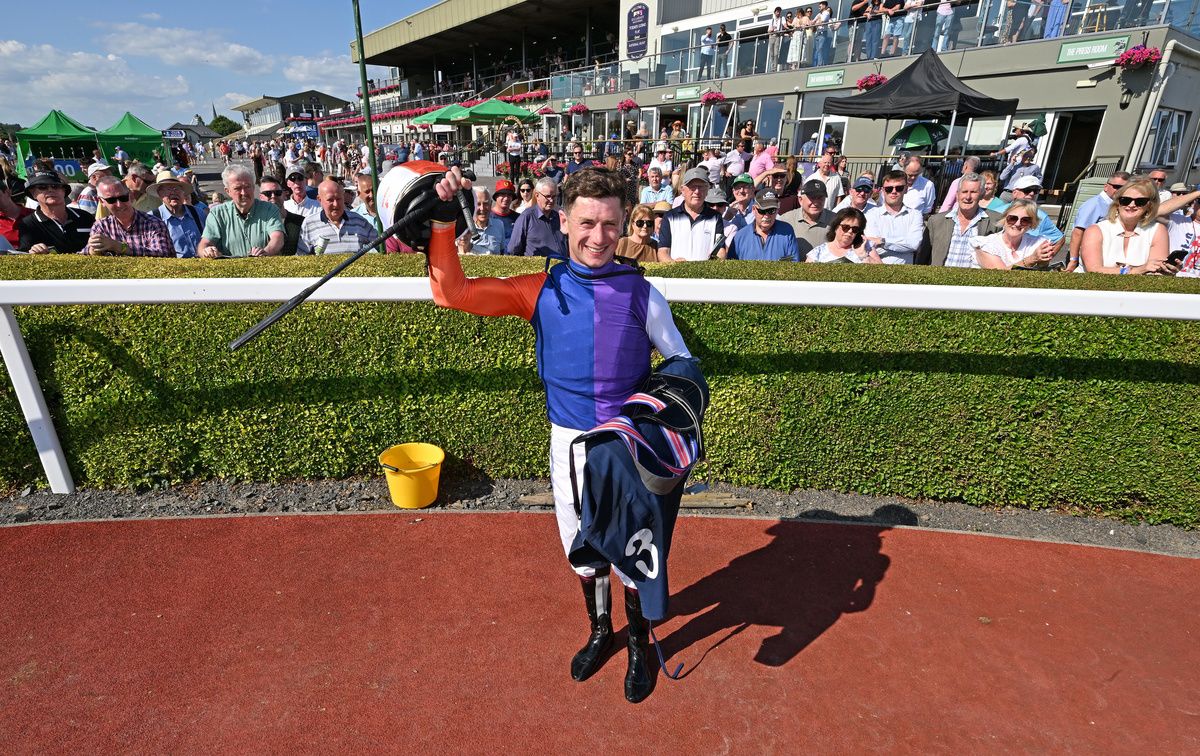 Oisin Murphy celebrates after winning aboard Celtic Motif his 1st ride at his home track 