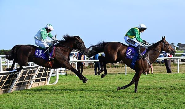 Esticky End and Dylan Robinson (left) chase Rightfolksplease over the last