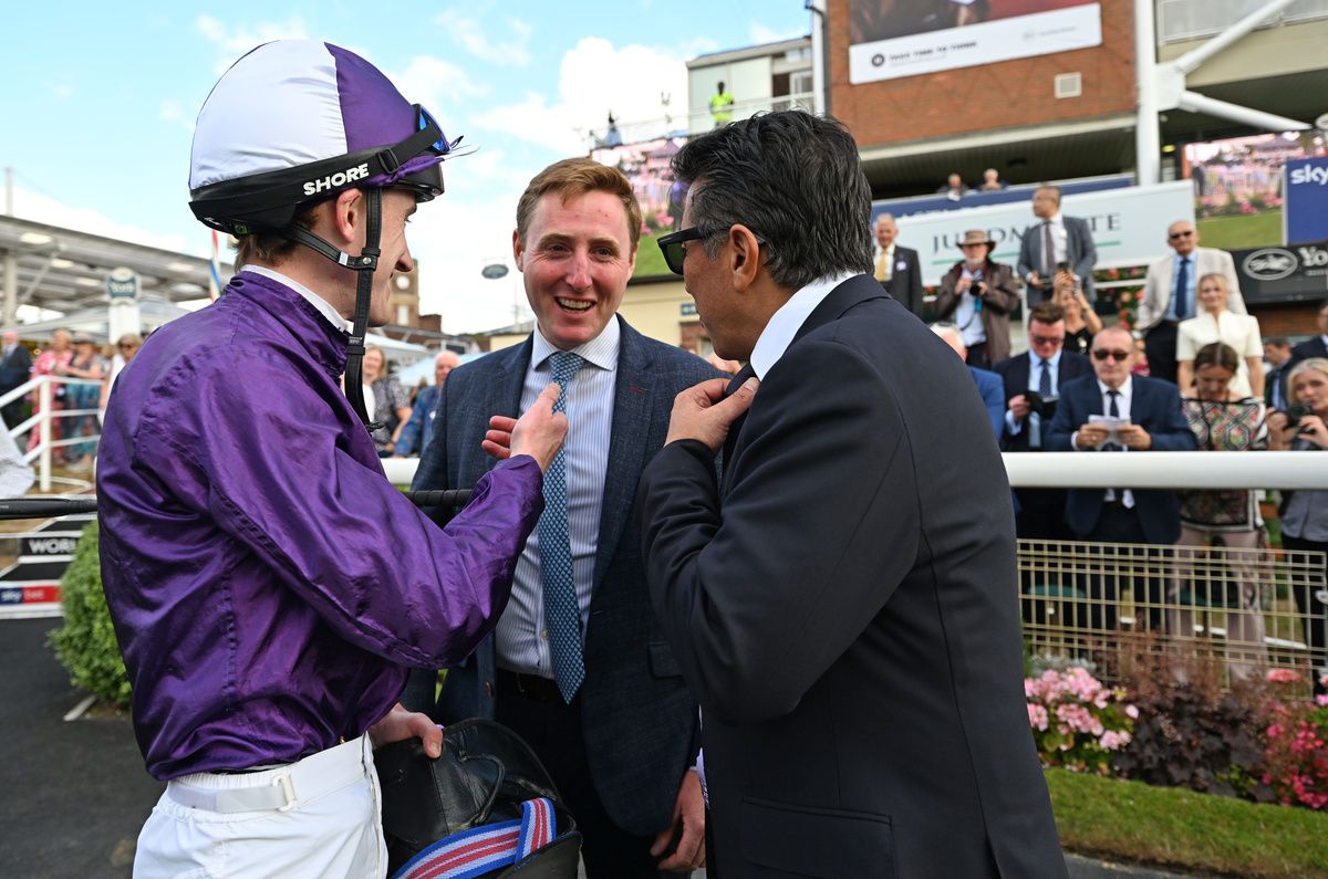 Trainer Kevin Philippart de Foy with jockey David Egan and owner Kia Joorabchian 