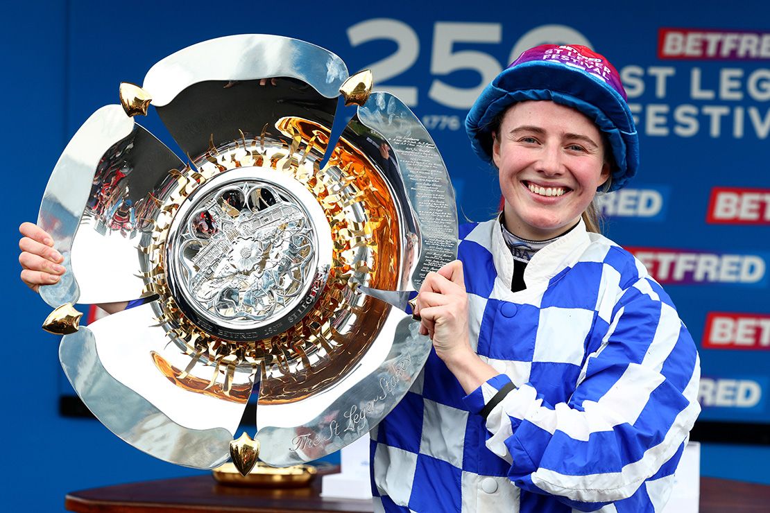 Saffie Osborne celebrates winning the St Leger 