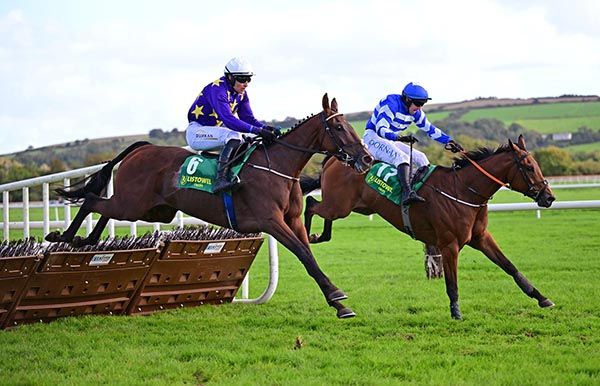 Glin Road Boy and Philip Byrnes (left) come with their challenge before winning at Listowel this afternoon