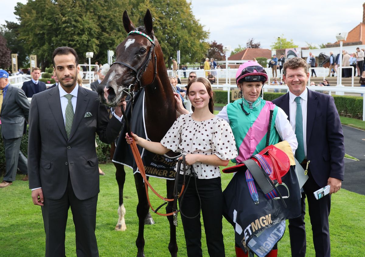 Blue Bolt and Colin Keane pink and green winning The BetMGM Sun Chariot Stakes    Newmarket 3 10 26  Healy Racing