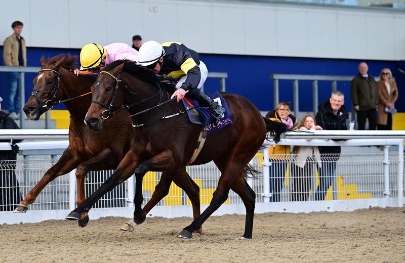 Tight at the line as Leveraging and Gary Carroll (right) win for trainer Sheila Lavery at Dundalk